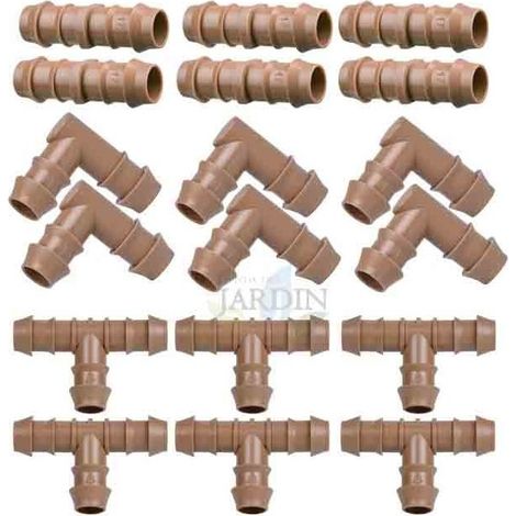 Set di Irrigazione a goccia da 16 mm: 6 T + 6 Curve + 6 Giunzioni. Colore Marrone