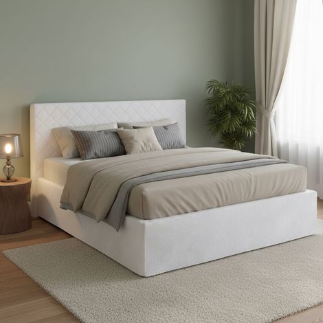 Dmora - Cama matrimonial Dberish, Juego de cabecero en ecopiel con base ortopédica y cenefa, 100% Made in Italy, con colchón incluido, Cm 160x190, Blanco (1/5)