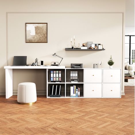 Escritorio de MDF blanco giratorio 360°, 120 x 48 x 78 cm con mueble 140 x 35 x 74 cm y 8 compartimentos (1/5)