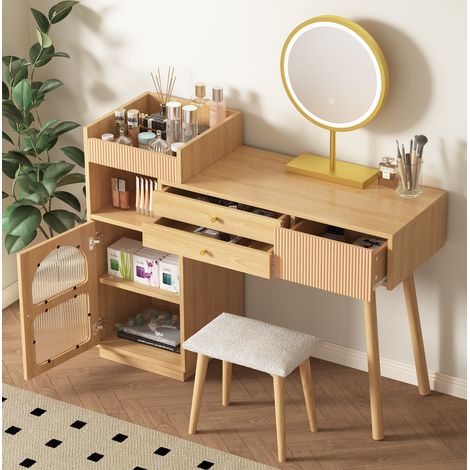Schminktisch 120/40/90 cm in Natur mit verstellbarem LED-Spiegel und Seitenschrank mit 3 Schubladen (1/5)