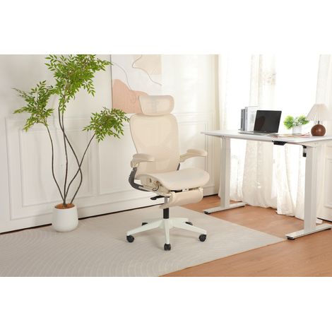Ergonomischer Bürostuhl, 3D verstellbare Kopfstütze, klappbare Rückenlehne, Lendenstütze, Mesh, Creme (1/5)
