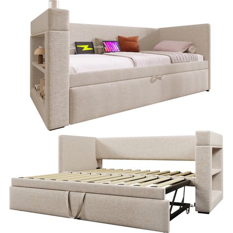 Divano letto con letto estraibile 90x190 cm, braccioli reversibili con USB e Type-C, portabicchieri e vani laterali, tessuto beige, CHICFURN (1/5)