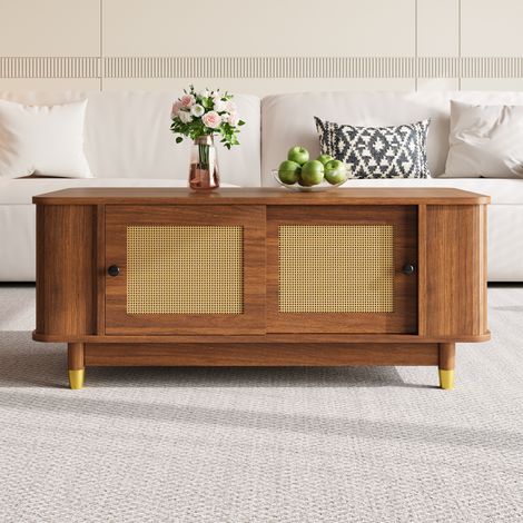 Couchtisch mit 2 Schiebetüren und Stauraum, Abgerundete Ecken, für Wohnzimmer, MDF, Nussbaum, 100×50×42 cm (1/5)
