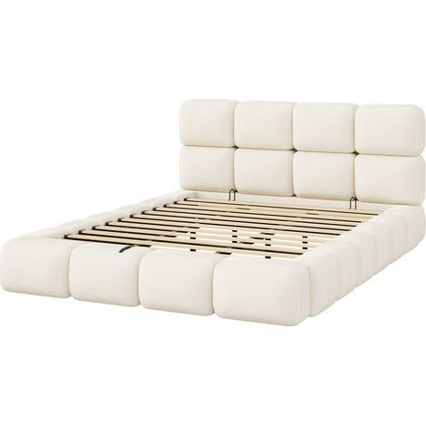 Letto matrimoniale contenitore idraulico 180x200 cm in bouclé bianco con rete e testiera imbottita (1/5)