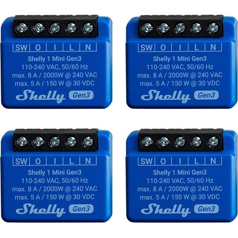 Shelly 1 Mini Gen 3  Confezione da 4  WiFi e Bluetooth Smart Switch 1 canale 8A  Domestico  Compatibile con Alexa e Google Home  App iOS/Android  Contatti asciutti (1/5)
