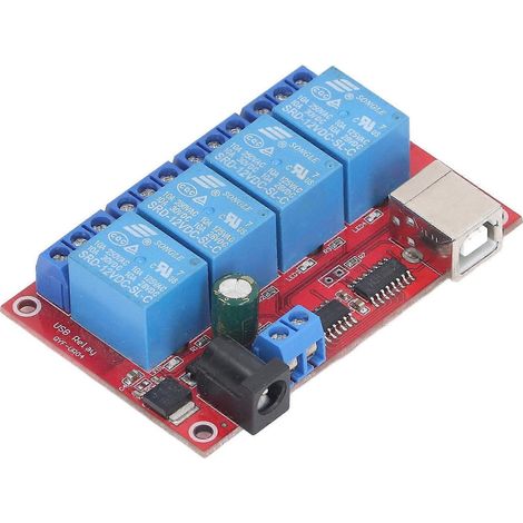 Module relais 4 canaux, connexion USB, carte relais CC incluse, commande par automate programmable (PLC), 3 modes de fonctionnement, 12 (1/4)