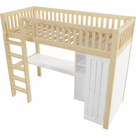 Letto a soppalco 90 x 200 cm con scrivania, armadio, 3 cassetti e scala, pino e MDF, naturale (1/5)