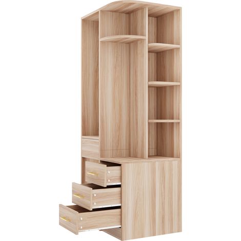 Armario ropero 70 x 55 x 175 cm con estantes, barra de colgar y cajones, color madera (1/5)