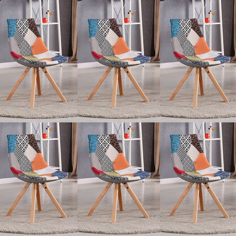 Designetsamaison – Lot de 6 chaises scandinaves patchwork – Tissu qualité premium – Pieds en bois – Hauteur 82 cm – Assise 46 cm – Pour salle à manger ou salon (1/2)