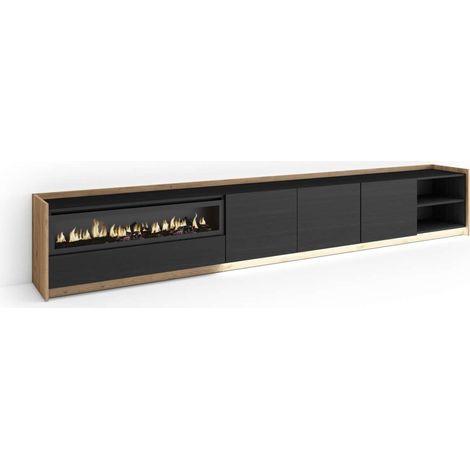 Mueble TV Casabermeja-02 de 310x50x37 cm con chimenea y luces LED, color negro y roble (1/4)