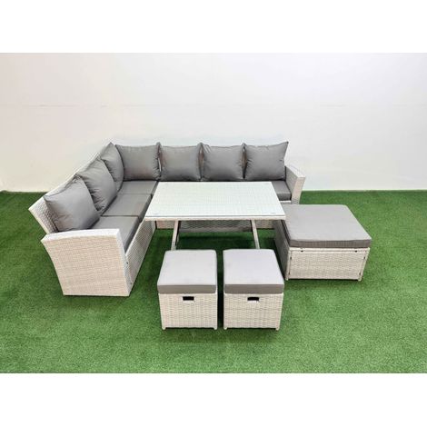 Fimous Garden Outdoor Rattan Furniture Set Rattan Corner Sofa Oblong Dining Table Set with 3 Footstools Light Grey Mixed 9 Seater (1/5)