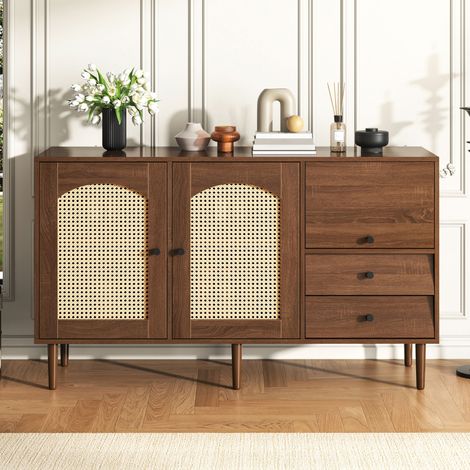 Buffet 3 portes 2 tiroirs 130x40x75 cm effet noyer et cannage naturel (1/5)