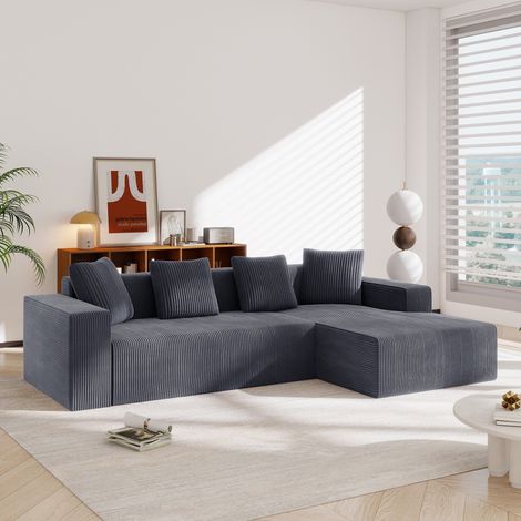 Modulares Ecksofa 261x146x65 cm Grau aus Cord mit Chaiselongue, tiefer Sitzfläche und 4 Kissen (1/5)