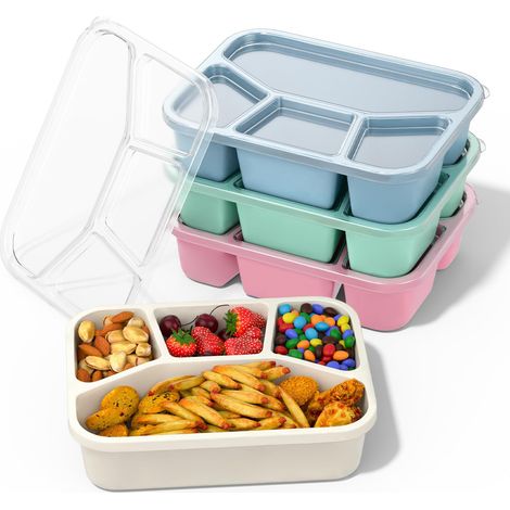 Ensemble de 4 boîtes à bento, 4 compartiments, pour adultes et enfants, réutilisables, avec couvercle transparent, faciles à nettoyer (vert/bleu/rose/blanc) (1/5)
