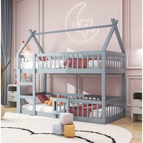 Kinderbett Hochbett im Loft-Stil aus Holz grau 90x200 cm mit integrierter Treppe und hohen Schutzgittern