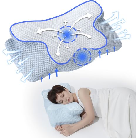 NK Cuscino cervicale per collo - Schiuma 50D con memoria, design ergonomico per dormire meglio e alleviare mal di testa/collo/spalla, rilassamento e sollievo dallo stress, 60 x 34 x 13 cm - blu/bianco (1/5)