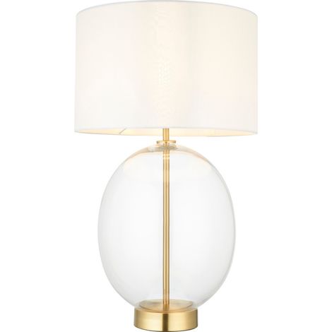 Endon Kelda Oval Lampe de table avec abat-jour rond en laiton satiné, verre transparent avec tissu blanc vintage, 1x E27 (1/5)