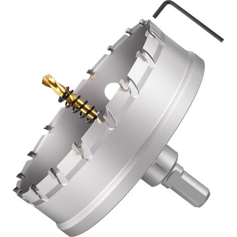 Kit de scie-cloche en carbure de tungstène avec foret central, clé hexagonale et ressort – pour métaux durs, tôles en acier inoxydable, tubes carrés, fibre de verre, argent 115 mm (1/5)