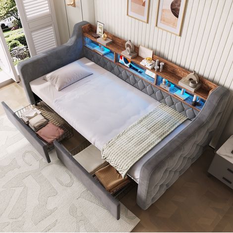 Polsterbett mit Stauraum (200x107x80 cm), mit LED Beleuchtung, Ladefunktion, 2 Schubladen, Velvet, Dunkelgrau (1/5)