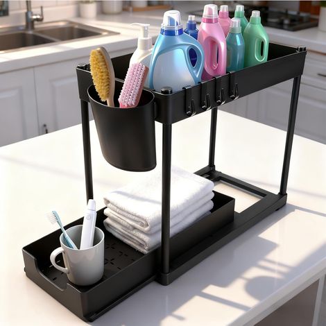 Organisateur de cuisine 2 niveaux - étagère sous évier avec crochets, organisateur de lavabo & étagère à épices, extensible pour cuisine, plan de travail & salle de bain, noir (1/5)