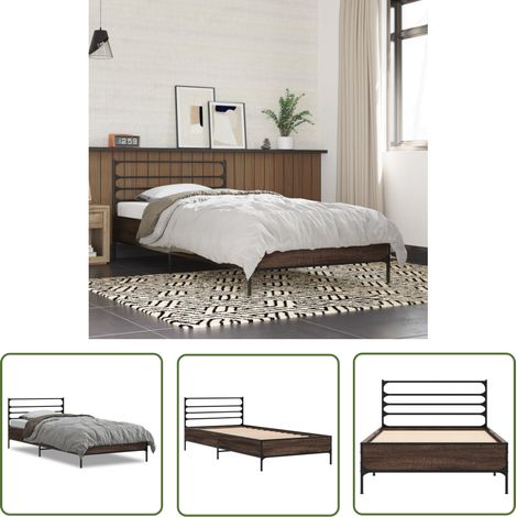 The Living Store Bettgestell Braun Eichen-Optik 90x200 cm Holzwerkstoff Metall - Holzbettfassungen - Doppelbett Gestell - Bettrahmen - Eiche Optik - Lattenrost (1/5)
