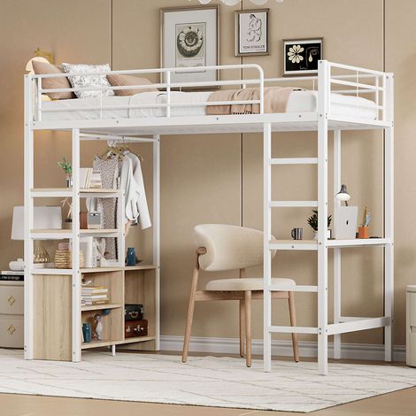 Lit mezzanine 90x200 cm blanc en métal avec bureau, prise et USB, étagères, armoire ouverte, échelle et barrières, sans matelas (1/5)