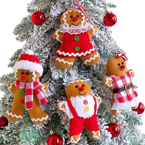 4 pièces d'ornements de Bonhomme Pain d'Épices, 5,7 pouces de hauteur, pour sapin de Noël : figurines en peluche de Bonhomme Pain d'Épices assorties, décorations suspendues pour sapin de Noël (1/4)