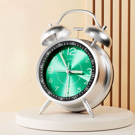 Réveil analogique rétro - Double cloche avec sans tic-tac - Vintage - Rechargeable - à quartz fort - Avec veilleuse - Pour enfants - Sommeil profond - Vert (1/5)