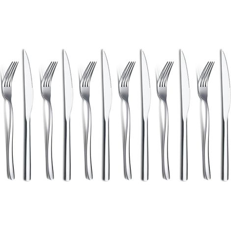 Ensemble De Couteaux à Steak 6 Fourchettes à Dîner En Acier Inoxydable Et Ensemble De 6 Couteaux à Dîner Poli Miroir Lavable Au Lave-vaisselle (Argent Brillant)