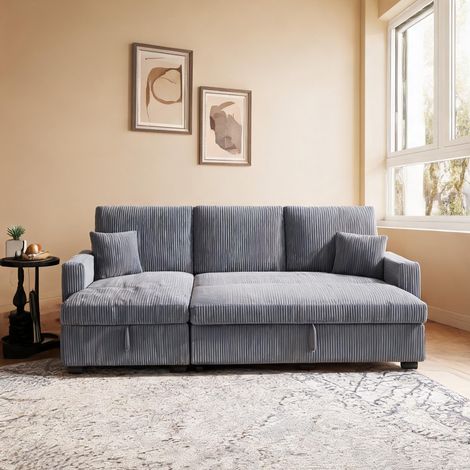 Canapé d'angle modulaire gris en velours côtelé avec convertible (1/5)
