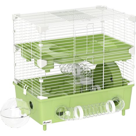 Cage à hamster à deux étages avec roue d'exercice et bac à sable pour hamsters nains, 44,5 x 28 x 44 cm, verte (1/5)