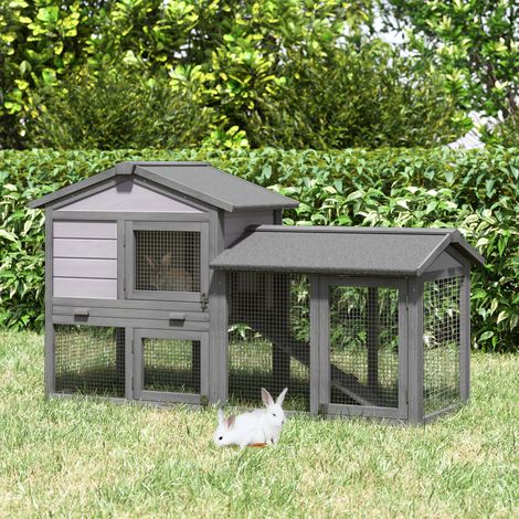 Cage à lapins en bois pour l'extérieur avec maisonnette, espace ouvert clôturé et toit 147x54x84 cm (1/5)