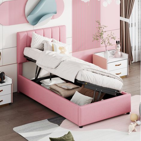 Cama infantil 90x200 cm con almacenaje hidráulico rosa, estructura de madera, sin colchón (1/5)