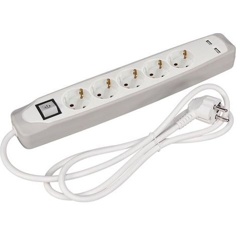 Regleta de enchufes con interruptor - 5 tomas - 2 puertos USB - gris/blanco - Schuko (1/2)
