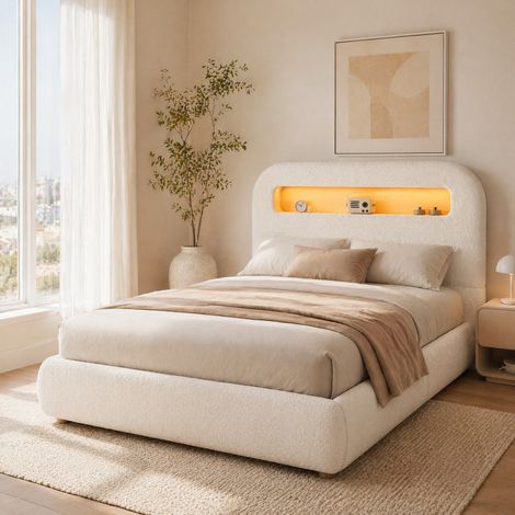 Lit coffre enfant 90x200 cm en tissu bouclé blanc, avec rangement pour chambre FloraGrace (1/5)