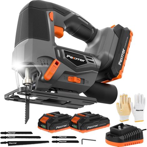 Scie Sauteuse Sans Fil 20V, Fexrror Scies Sauteuses ÉLectriques, 2 Batteries de 2,0 Ah, Coupes D'Onglet 0°-45°, Éclairage Led, Action Orbitale 4 Positions Pour Coupe Droite/Courbe/Cercle