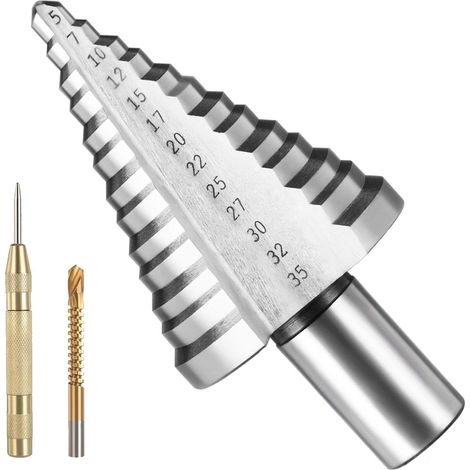 Foret Étagé, Foret Fraise Meche Etage, Fraise Conique à Double Fente (5mm-35mm) avec Revêtement Titane, Solide, pour Visseuse Percage sur Acier Bois, Plastique, Laiton, Aluminium, PVC (1/5)
