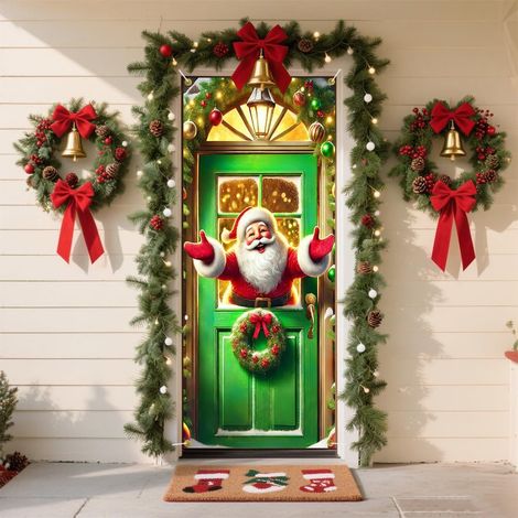 Bannière de porte Monstre de Noël, Décoration de porte d'entrée, Décoration extérieure pour les fêtes, Drapeau Joyeux Monstre de Noël - 90 x 180 cm (Perforation + Ruban) - Style 17