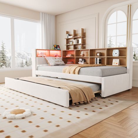 Canapé convertible 90x200 lit 90x190, LED, flanelle beige HAVRYA (1/5)