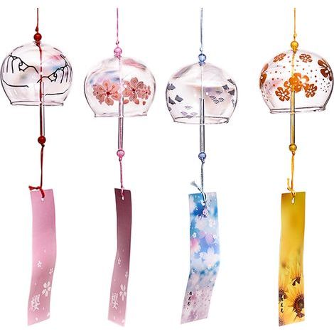 Lot de 4 carillons à vent pour jardin, cloches japonaises en verre, pendentif de style japonais pour extérieur, intérieur, décoration de jardin, cadeau d'anniversaire (1/5)