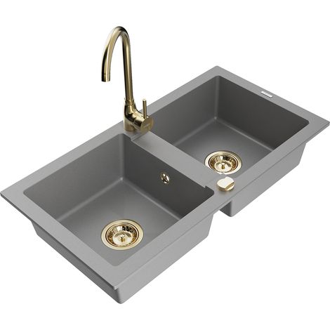 Mexen Mario fregadero de granito de 2 senos con grifo de cocina Telma, gris - 6504-71-670200-50 (1/5)