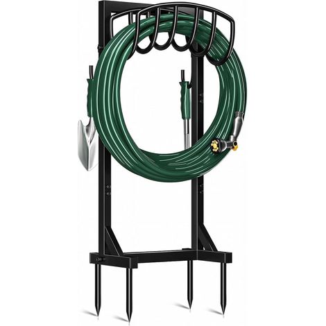 Support pour tuyau d'arrosage avec 4 piquets et 2 crochets, support autoportant en métal robuste pour le rangement extérieur (1/5)