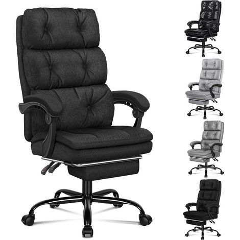 Bürostuhl mit 150° Neigung, 360° Drehung, Fußstütze, Leinenstoff, Schwarz (1/5)