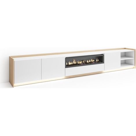 Skraut Home - Mueble TV, Televisión, Muebles de salón, almacenaje, 310x37x50cm, Para TV hasta 80", Chimenea eléctrica, LED, Estilo Moderno, Blanco y roble soft (1/5)