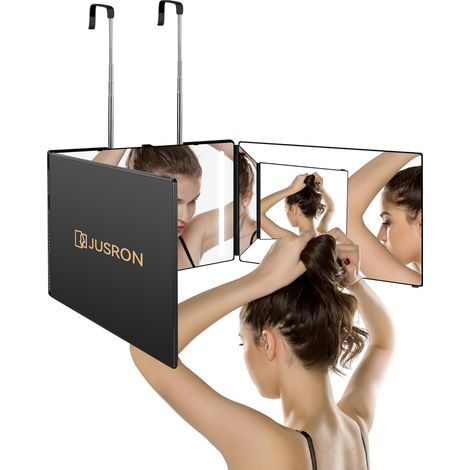 Miroir à Suspendre à 360 ° - Cosmétique Miroir Pliable en 3 Parties - Réglable en Hauteur - pour Le Maquillage, Le Rasage, la Coiffure- Noir & LED (1/5)