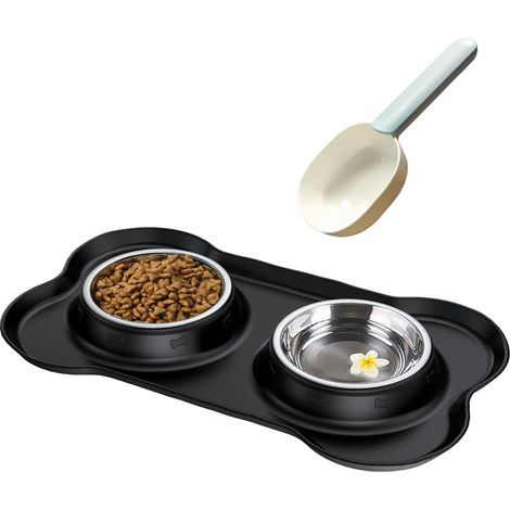 2x170ML Gamelle pour Petit Chat et Chien, Gamelle en Acier Inoxydable Anti-derapante Anti-debordement et Anti-deversant, Bol Double INOX avec Tapis en Silicone (1/5)