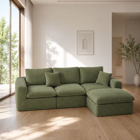 Sofá esquinero modular 280x180x65 cm de pana verde, ahorra espacio -FLORAGRACE (1/5)