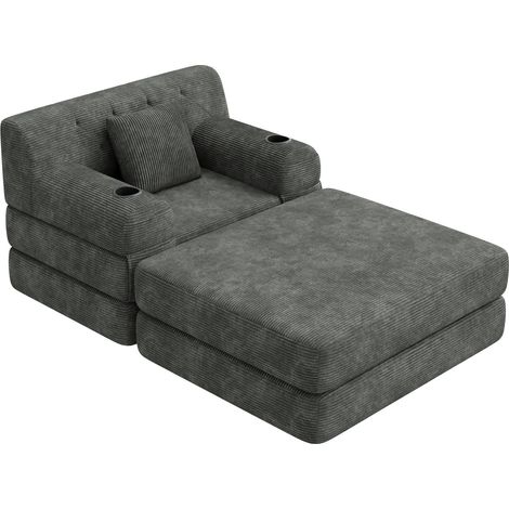 Sillón cama individual de corduroy con reposapiés, respaldo alto, gris oscuro (1/5)