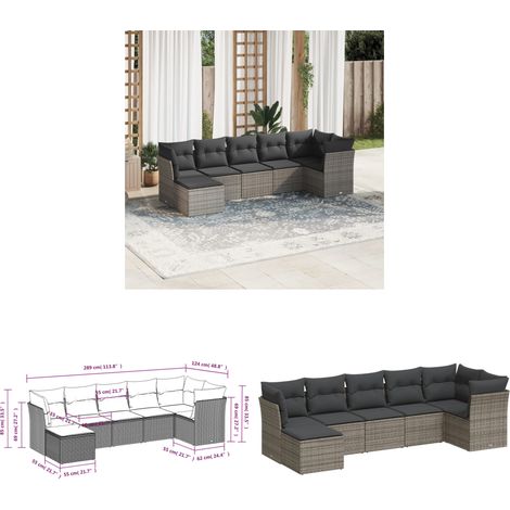7-tlg. Garten-Sofagarnitur mit Kissen Grau Poly Rattan - Gartenmöbel Set - PE-Rattan Möbel - Outdoor Sofa - Lounge Set - Gartenlounge - Home & Living (1/3)