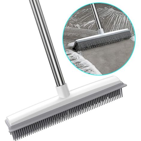 2-in-1 Gummibesen mit integriertem Abzieher – Verstellbarer Stiel bis zu 156 cm – Weiche Bürste für Tierhaare (Katze, Hund) – Bürste für Teppiche, Böden, Küche und Außenbereich (Weiß) (1/5)